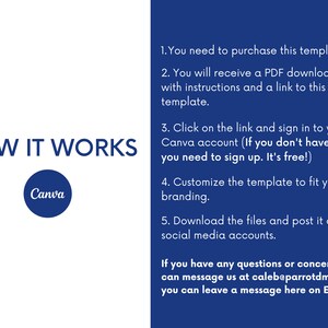Puede incluir: C&oacute;mo funciona: Un fondo azul con texto blanco que explica c&oacute;mo comprar y usar una plantilla de Canva. El texto incluye el logotipo de Canva y la direcci&oacute;n del sitio web caleb@parrotdm.com.