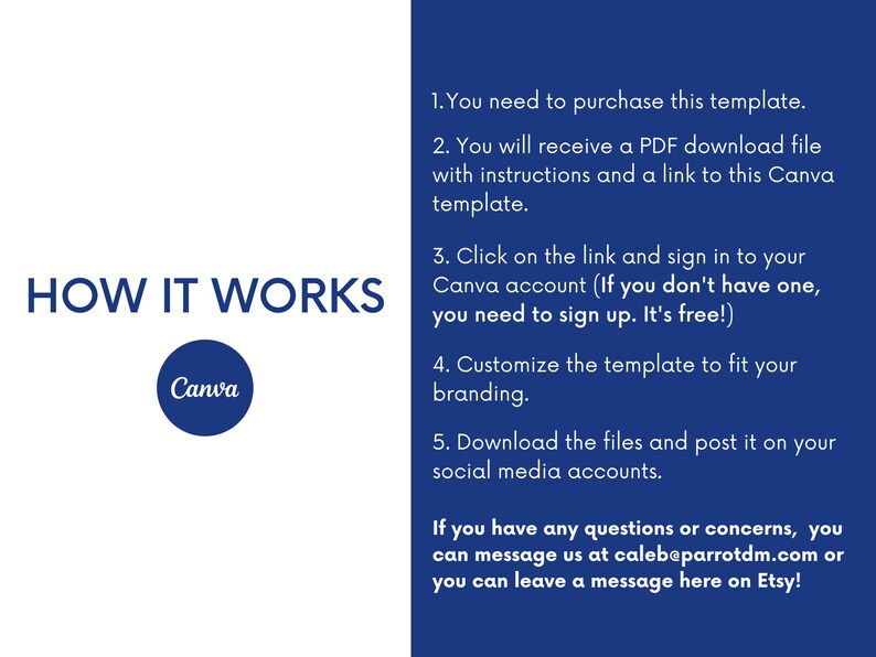Puede incluir: C&oacute;mo funciona: Un fondo azul con texto blanco que explica c&oacute;mo comprar y usar una plantilla de Canva. El texto incluye el logotipo de Canva y la direcci&oacute;n del sitio web caleb@parrotdm.com.