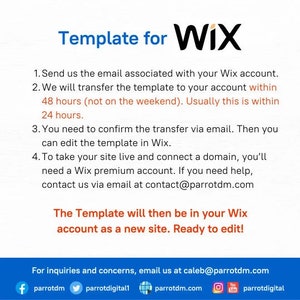 Puede incluir: Un fondo blanco con texto negro que explica c&oacute;mo transferir una plantilla de Wix a tu cuenta. El texto incluye el logotipo de Wix y la informaci&oacute;n de contacto para consultas.