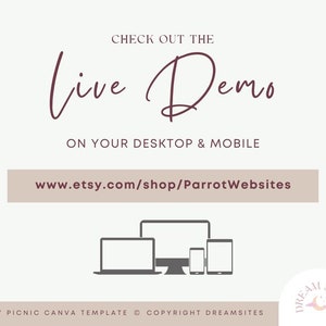 Puede incluir: Un gr&aacute;fico con el texto "Check out the Live Demo on your desktop & mobile" y la direcci&oacute;n del sitio web "www.etsy.com/shop/ParrotWebsites". El gr&aacute;fico tambi&eacute;n incluye iconos de una computadora de escritorio, una computadora port&aacute;til, una tableta y un tel&eacute;fono inteligente.