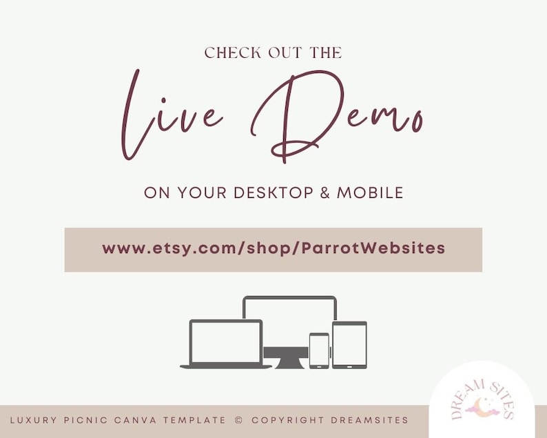 Puede incluir: Un gr&aacute;fico con el texto "Check out the Live Demo on your desktop & mobile" y la direcci&oacute;n del sitio web "www.etsy.com/shop/ParrotWebsites". El gr&aacute;fico tambi&eacute;n incluye iconos de una computadora de escritorio, una computadora port&aacute;til, una tableta y un tel&eacute;fono inteligente.