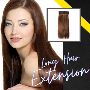 May include: A woman with long, brown hair. A close-up shows a hair extension product in a square frame. The text "Long Hair Extension" is written in a cursive font with a neon effect.