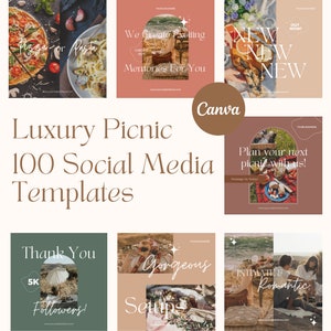 100 Social Media Posts for Luxury Picnic Companies | Canva Templates | Unique Canva Designs for Picnic Companies | Customizable Social Temps