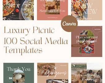 100 publicaciones en redes sociales para empresas de picnic de lujo / Plantillas de Canva / Diseños únicos de Canva para empresas de picnic / Temporeros sociales personalizables