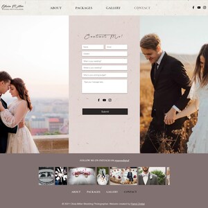 Puede incluir: Un sitio web para una fot&oacute;grafa de bodas, Olivia Miller, con un formulario de contacto, una galer&iacute;a de im&aacute;genes e informaci&oacute;n sobre paquetes y servicios.