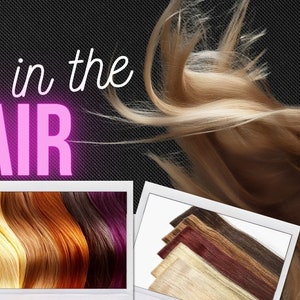 May include: A promotional image featuring a woman with flowing blonde hair. The text "Love is in the HAIR" is displayed in white and pink. Several hair extension samples are shown in photo frames, with a "SHOP NOW" button.