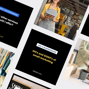 Puede incluir: Una imagen en blanco y negro con texto que dice "PREGUNTA A UN EMPRESARIO" y "HACER Y NO HACER DEL MARKETING POR CORREO ELECTR&Oacute;NICO". El texto est&aacute; en un cuadro blanco con borde amarillo. La imagen tambi&eacute;n incluye el texto "alliedinc.com".