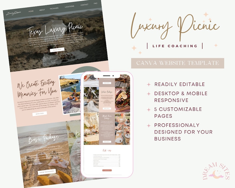 Puede incluir: Una plantilla de sitio web de Canva para un negocio de coaching de vida llamado "Luxury Picnic". La plantilla presenta un esquema de color rosa y marr&oacute;n con im&aacute;genes de picnics y naturaleza. El texto "READILY EDITABLE", "DESKTOP & MOBILE RESPONSIVE", "5 CUSTOMIZABLE PAGES" y "PROFESSIONALY DESIGNED FOR YOUR BUSINESS" se muestra en el lado derecho de la imagen.