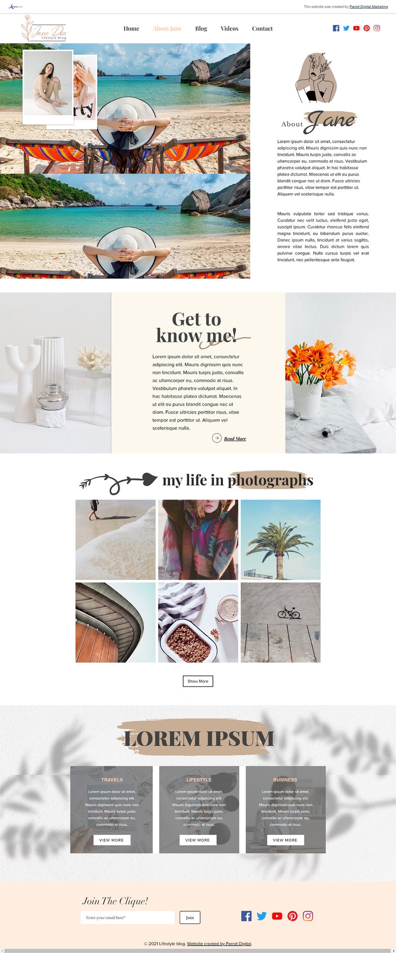 May include: A website homepage for a lifestyle blog called "Jane Doe Lifestyle Blog". The website features a photo of a woman relaxing on a beach chair, a section about the blogger, and a section titled "Get to know me!" with a call to action to "Read More". The website also features a section titled "My life in photographs" with a grid of images, and a section titled "Lorem Ipsum" with three sections titled "Travels", "Lifestyle", and "Business". The website also features a call to action to "Join The Clique!" with a form to enter an email address and a button to "Join".