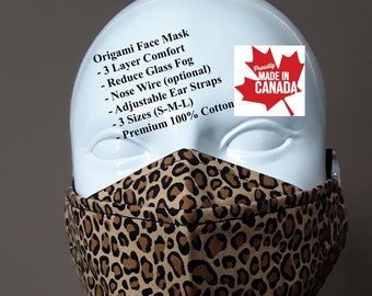 Leopard Premium 100% Cotton 3 Layer Origami Face Mask, Washable, Reusable Face Mask,Adjustable Ear Loops - Made in Ontario, Canada