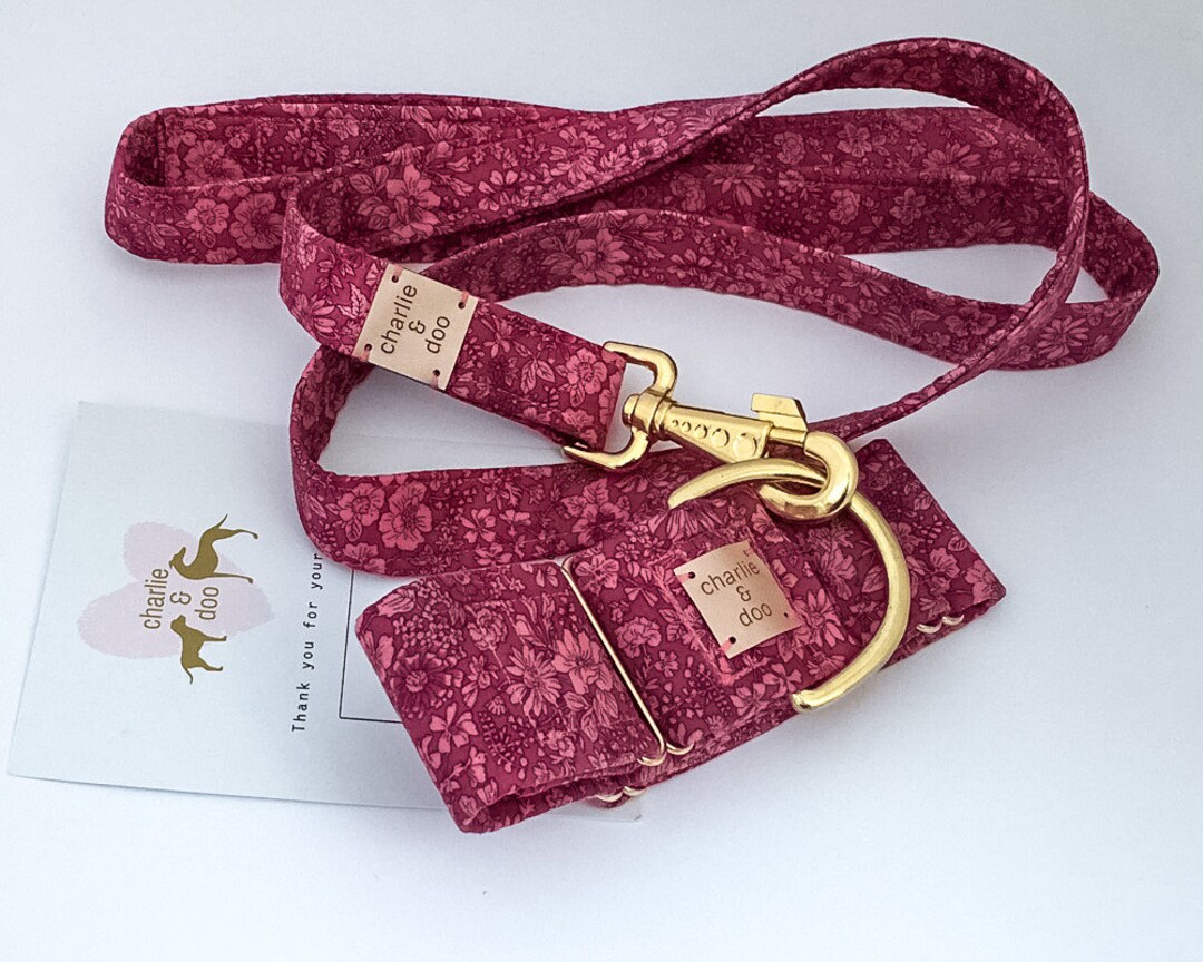 Pink Martingale Collar and Lead Set. Wax Treated. Liberty London Print