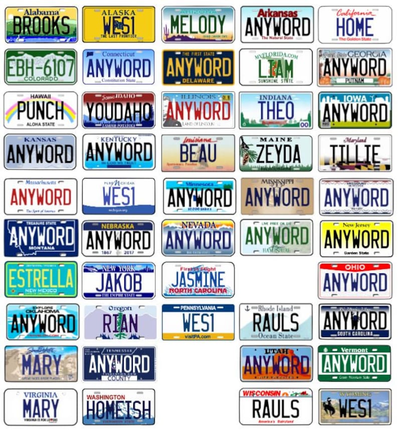 May include: A collection of license plates from various U.S. states, each with unique designs and text. The plates feature diverse colors and fonts, showcasing state names, slogans, and personalized names or words. The image is a collage of rectangular plates.
