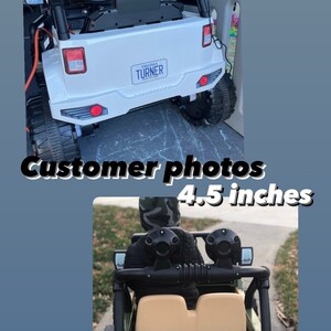 May include: Two images of a white and olive green toy Jeep. The white Jeep has a Virginia license plate that says "TURNER". The olive green Jeep has a license plate that says "EVERETT". The text "Customer photos 4.5 inches" is overlaid on the image.