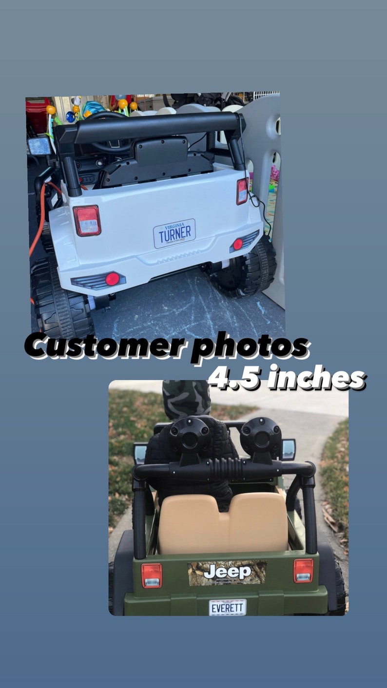 May include: Two images of a white and olive green toy Jeep. The white Jeep has a Virginia license plate that says "TURNER". The olive green Jeep has a license plate that says "EVERETT". The text "Customer photos 4.5 inches" is overlaid on the image.