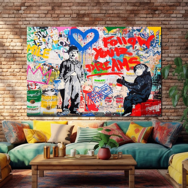 Motivational Banksy Graffiti Wall Art Canvas Print Modern Urban Wall Art Colorful Pop Art Poster Follow Your Dreams Trendy Banksy Artwork