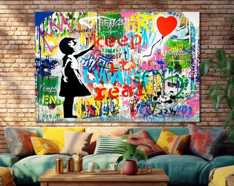 Impression d'art mural Keep it Real Banksy motivant graffiti art mural Banksy fille ballon coloré pop art toile grande oeuvre d'art murale pour la décoration intérieure