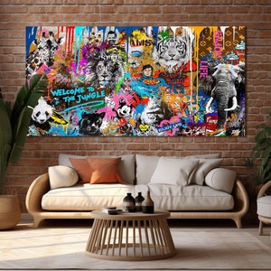 Welcome to the Jungle Wall Art Print Trendy Banksy Artwork Street Art Canvas Inspirational Graffiti Extra Large Wall Art for Home Decor