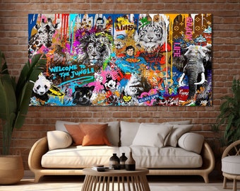 Welcome to the Jungle Wall Art Print Trendy Banksy Artwork Street Art Canvas Inspirational Graffiti Extra Large Wall Art for Home Decor