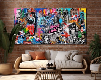 Ik zal altijd van je houden Kleurrijke Motiverende Graffiti Wall Art Canvas Print Banksy Modern Urban Artwork Extra Large Wall Art voor Home Decor