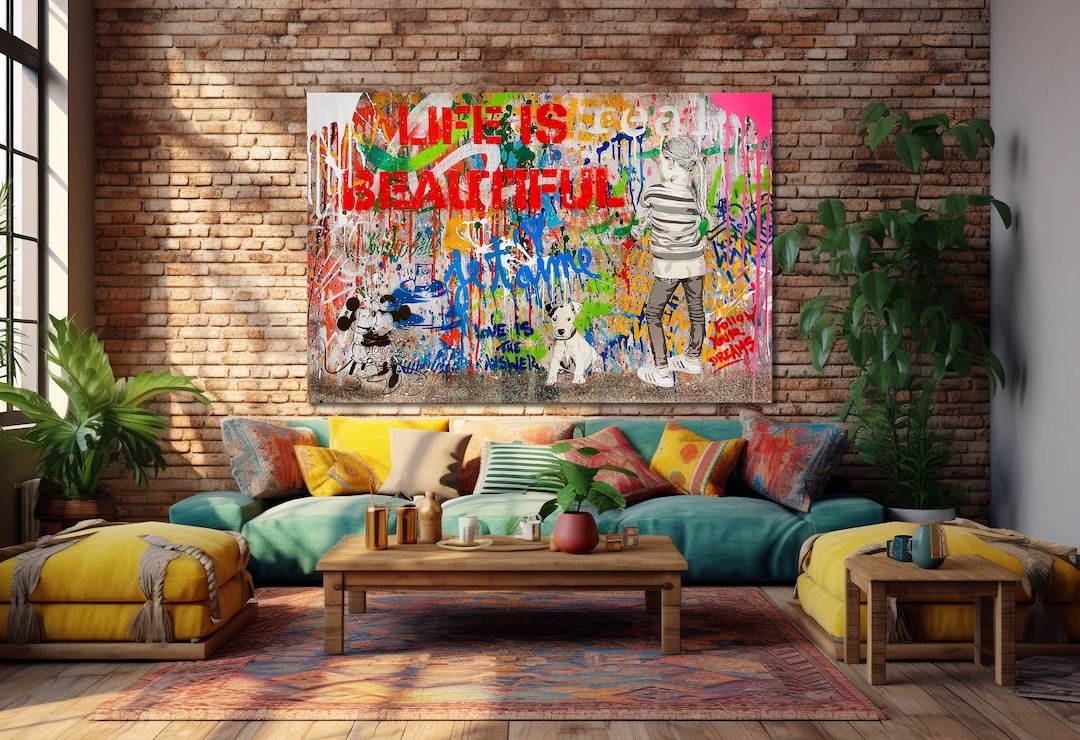Life is Beautiful Wall Art Canvas Print Colorful Trendy Street Art