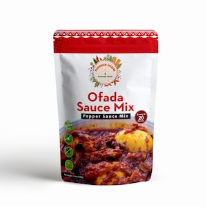 May include: A red, white, and green pouch with the text "Ofada Sauce Mix" and "Pepper Sauce Mix". The pouch contains a spice mix for making Ofada sauce, a popular Nigerian dish. The pouch also features a picture of the finished dish, which includes chicken and eggs.