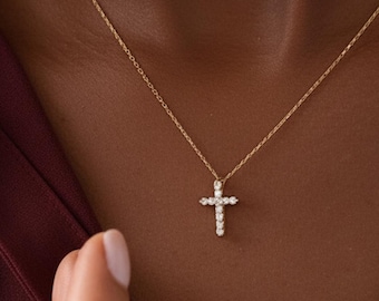 14K Gold Diamond Cross Necklace, Lab Grown Diamonds Cross Pendant, Minimalist Christian Faith Pendant, Religious Jewelry, Christmas Gift