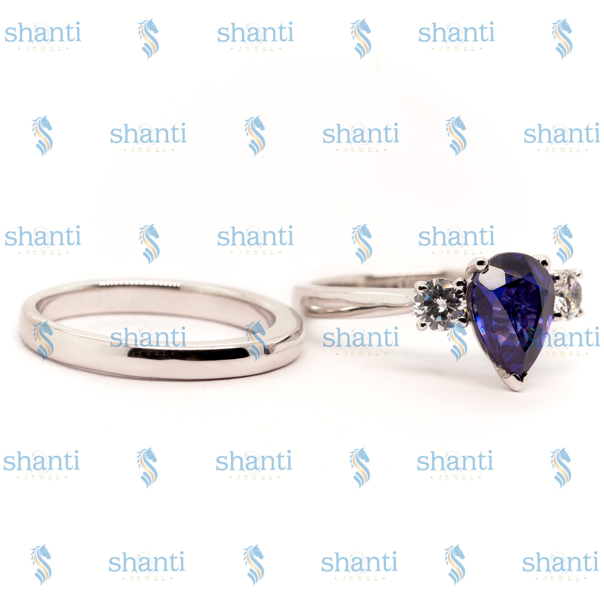 Three Stone Wedding Diamond Ring Set For Women/ Blue Pear Cut Etsy