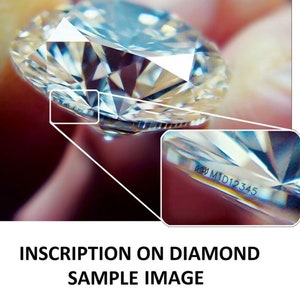 May include: Close-up of a clear diamond with a inscription on the side that reads "IGI M1D12345".