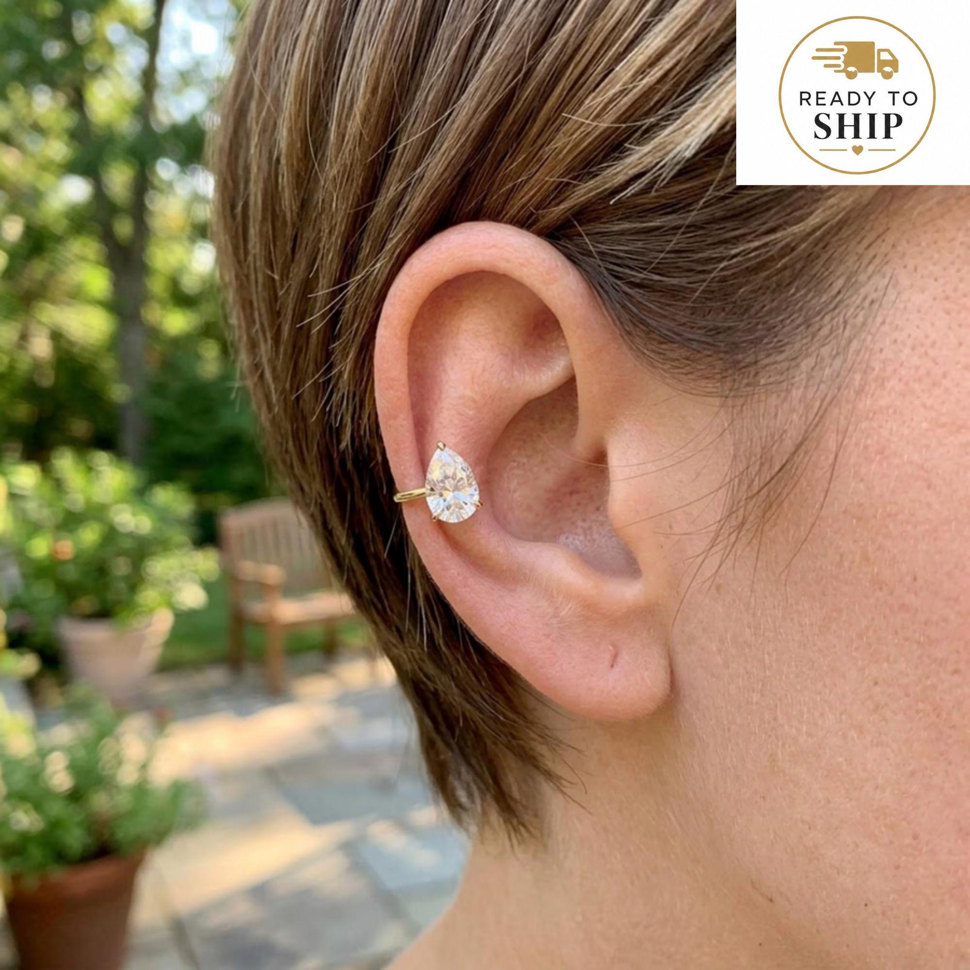 Ear Cuff Stud Earrings, 1.25 Carat IGI Certified Pear Cut Lab Grown Diamond Ear Cuff No Piercing, Minimalist Helix Wrap Earrings, 14K Gold