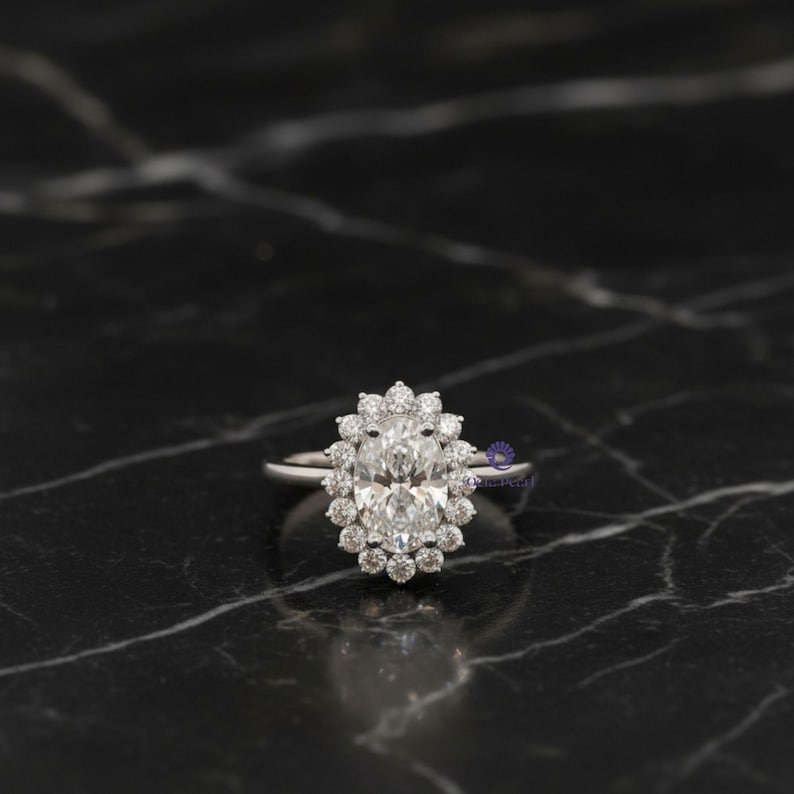 Sunburst Halo Lab Grown Diamond Ring, 1.25 Carat Oval Lab Created Diamond Engagement Ring, Wedding Gift For Bride, Oval Lab Grown Ring image 1