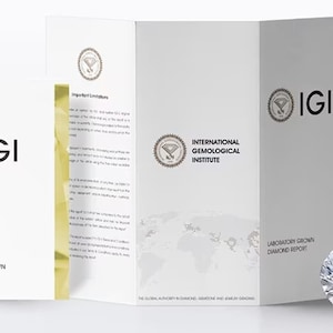 May include: A white and gold International Gemological Institute (IGI) Laboratory Grown Diamond Report with a world map and the text "The IGI, the authority in diamonds, gemstone and jewelry grading."