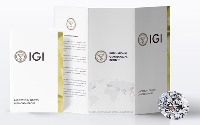 May include: A white and gold International Gemological Institute (IGI) Laboratory Grown Diamond Report with a world map and the text "The IGI, the authority in diamonds, gemstone and jewelry grading."