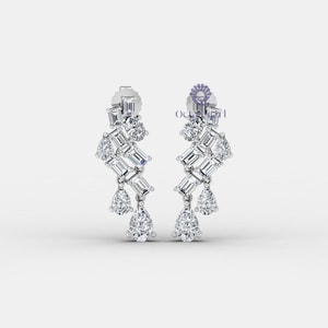 Multi Cut Lab Grown Diamond Drop Earrings, Push Back Drop Dangle Earrings, Wedding Anniversary Gift Earrings, VVS Mixed CVD Diamond Earrings