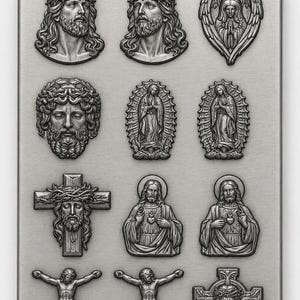 Puede incluir: Un molde rectangular de metal con doce iconos religiosos en relieve, incluyendo retratos de Jesús con corona de espinas, un ángel, la Virgen de Guadalupe, crucifijos y figuras del Sagrado Corazón con un acabado en tono plateado.