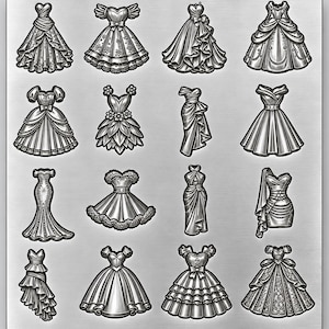 May include: A silver-toned metal mold featuring a grid of sixteen distinct embossed dress designs. Each individual dress silhouette displays unique details such as ruffles, floral patterns, layered skirts, and varied necklines in a relief style.