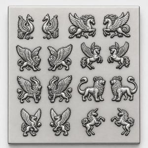 Puede incluir: Un molde de silicona cuadrado de tono plateado con dieciséis cavidades dispuestas en cuatro filas. Las cavidades representan criaturas míticas en relieve, incluyendo cisnes, caballos alados, leones alados, leones y unicornios en un patrón.