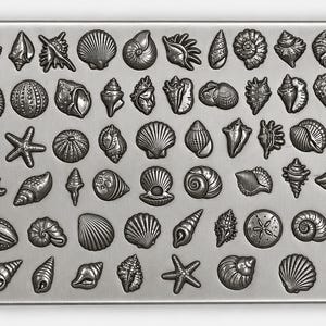 Puede incluir: Un molde rectangular de silicona en tono plateado que presenta una cuadrícula con diversas formas en relieve de conchas marinas y estrellas de mar. La superficie muestra múltiples diseños distintos de vida marina, incluyendo caracoles y bivalvos.