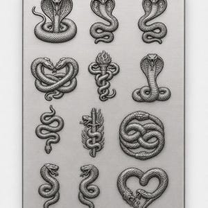 May include: A rectangular silver-toned metal mould featuring twelve distinct embossed snake designs. The patterns include coiled cobras, snakes intertwined with a flaming torch, a sword wrapped in a serpent, an ouroboros, and snakes forming heart shapes.
