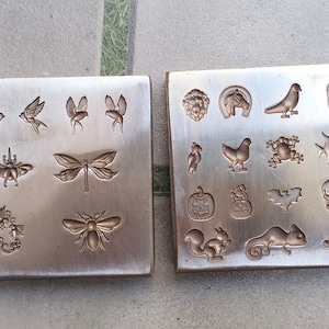 May include: Two metal plates with various designs for stamping. The designs include birds, a dragonfly, a bee, a pumpkin, a bat, a skull, a fish, a frog, a horse, a lion, a squirrel, a chameleon, and a rabbit.