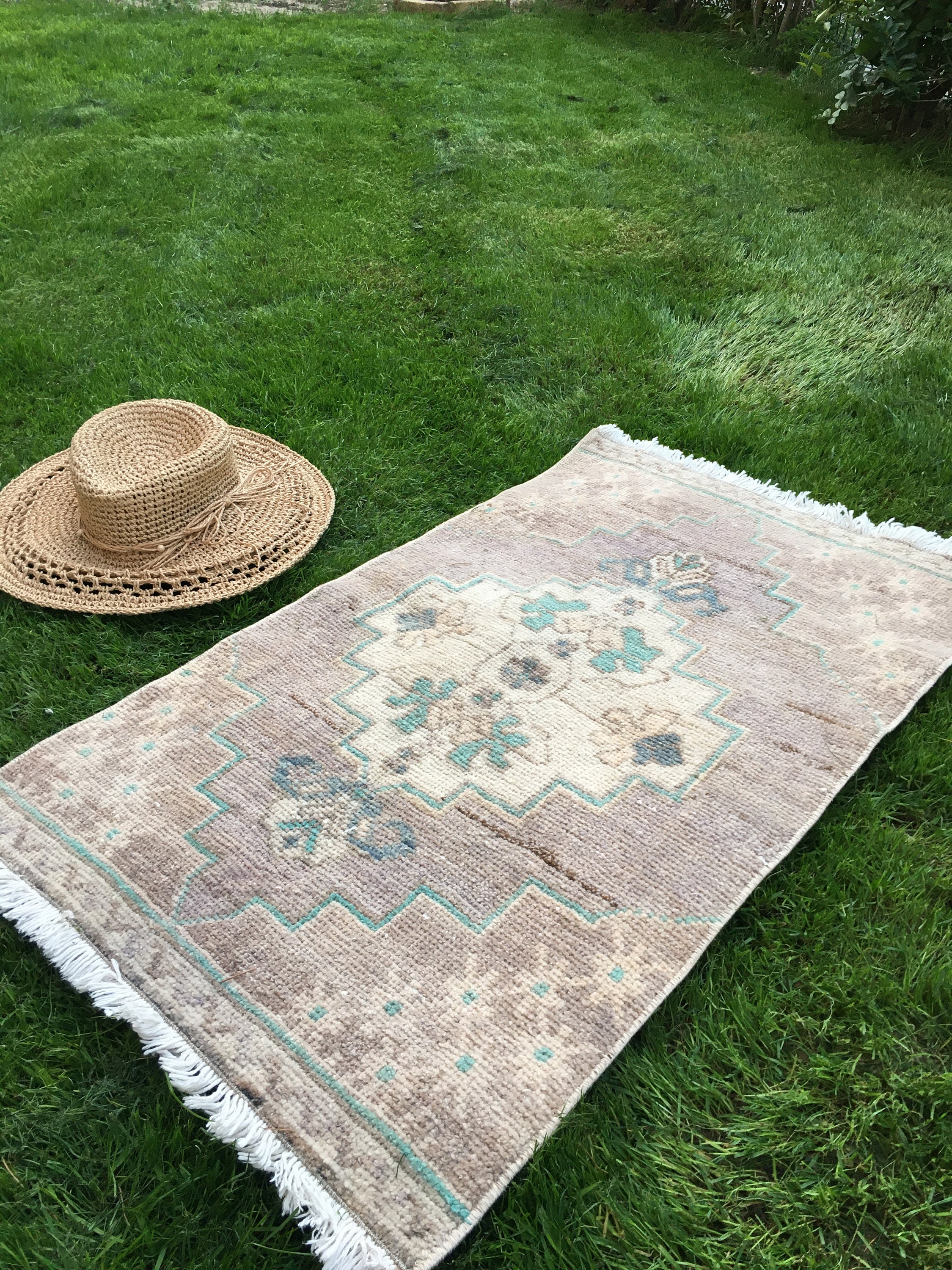 Pequeña alfombra turca para baño verde púrpura beige lana | Etsy