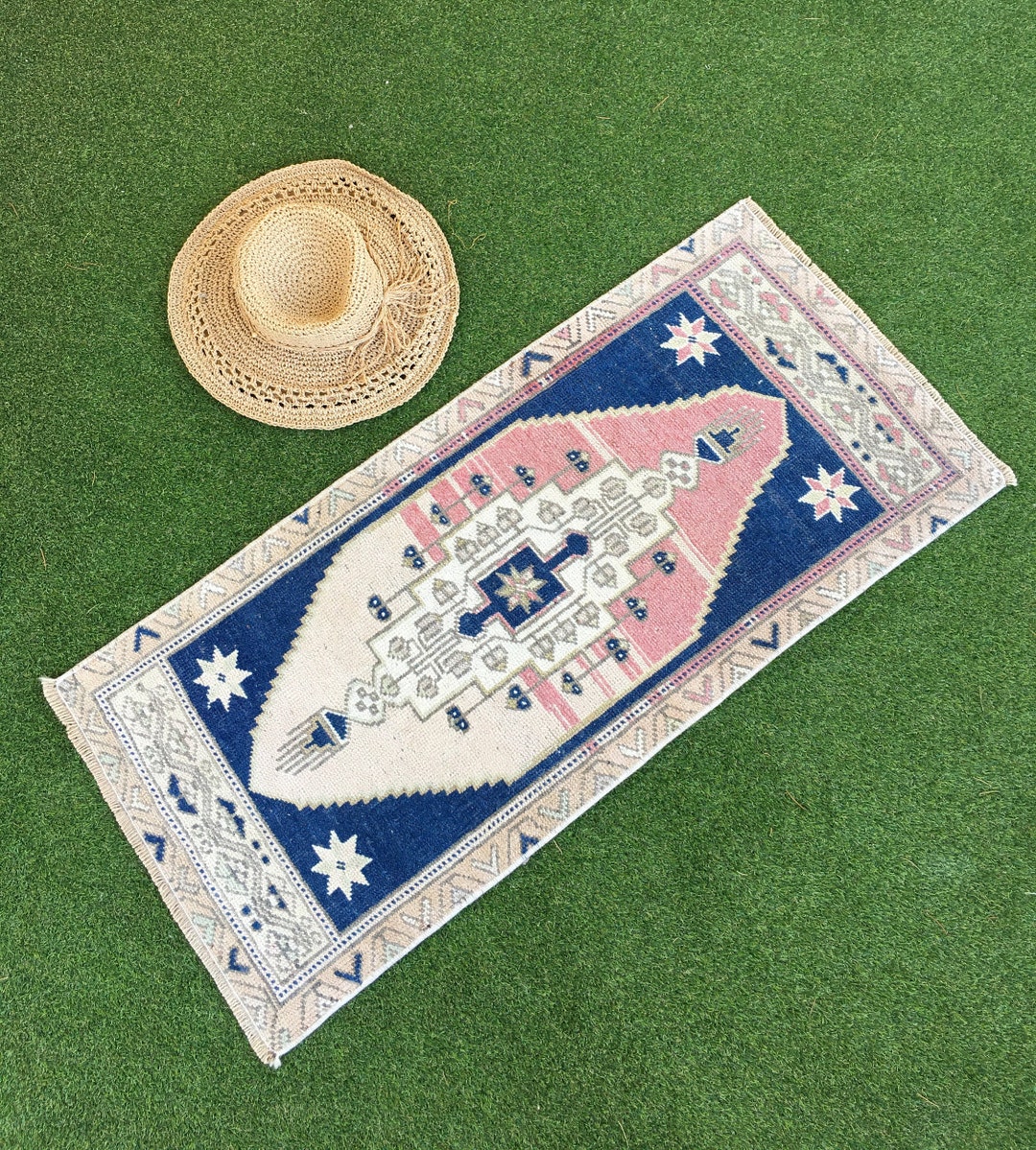 Small Oushak Rug, Pink, Blue, Beige, 1.6x3.5 Ft. Wool on Wool, Delia