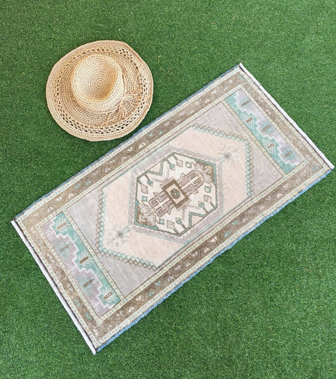 Small Turkish Rug for Bathroom, Tan, Taupe, Green, Brown, Beige. 1.6x3 ...