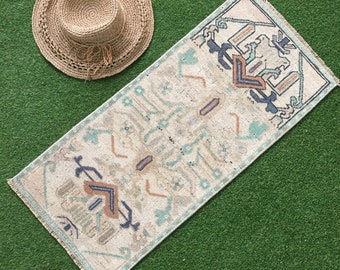 Tappeto vintage piccolo 2x3 per bagno, marrone, crema, blu, verde, beige, 1,4x3,1 piedi. Ayaz AD-1164, piccolo tappeto vintage, tappeto d'ingresso turco
