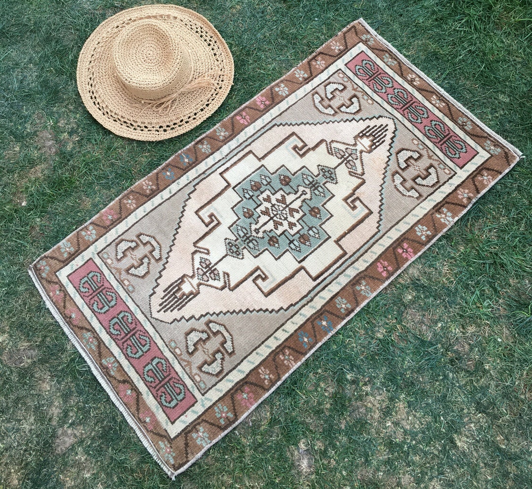 Small Turkish Rug Bathroom Rug Brown Green Taupe Pink Etsy