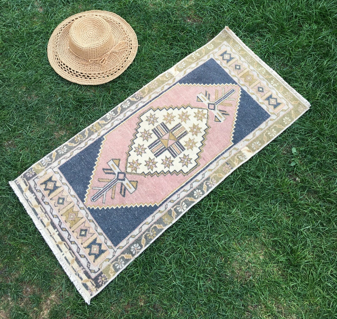 Small Turkish Rug, Pink, Blue, Beige, Green, Wool. 1.6x3.5 Ft. Pandora