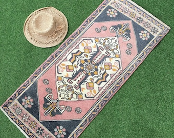 Tappeto Oushak piccolo 2x4, rosa, blu, beige, oliva. 1,9x4,3 piedi Ayla AD-1119, piccolo tappeto Oushak vintage, tappeto runner per zerbino d'ingresso turco