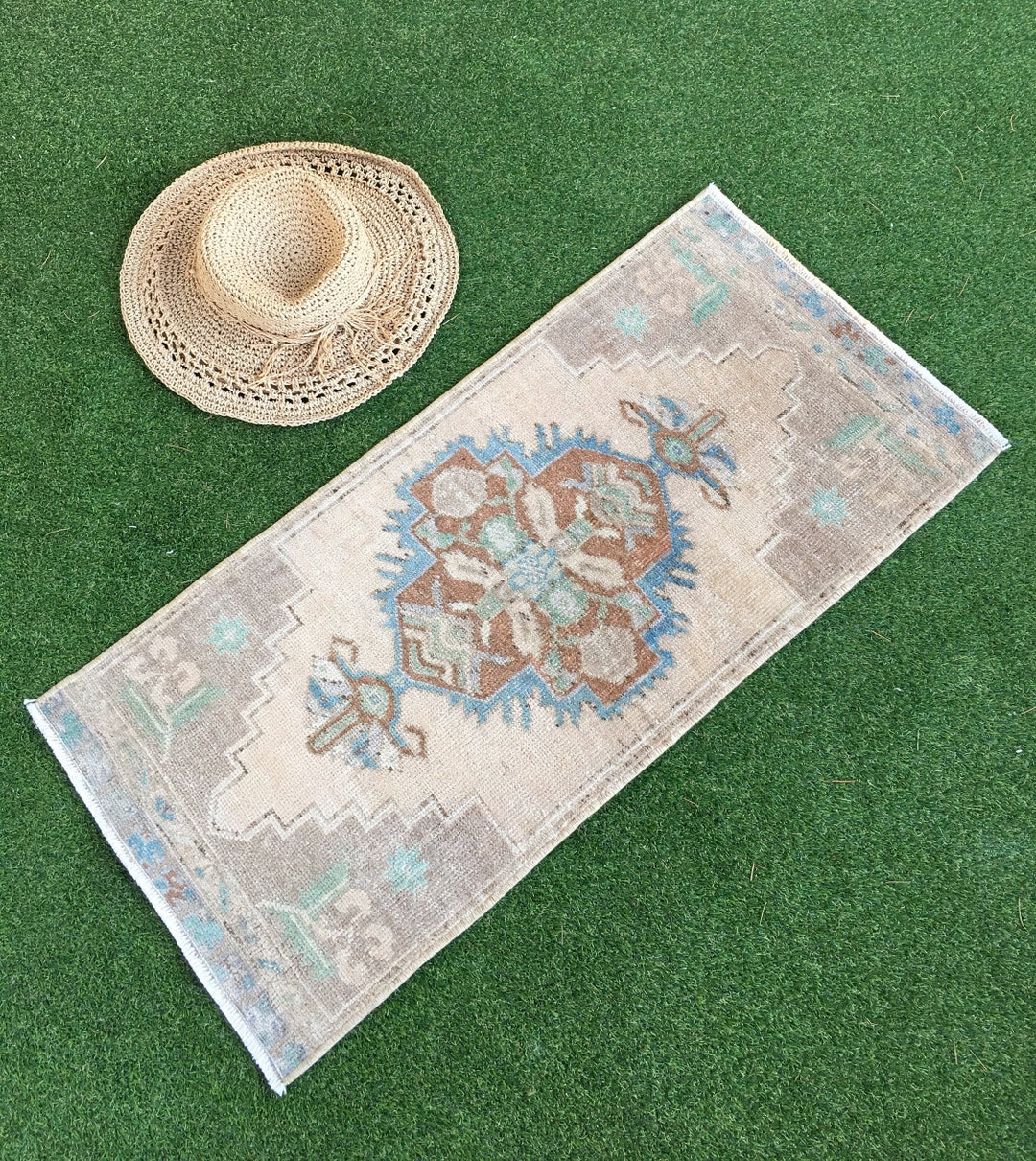 Small Oushak Rug, Small Turkish Bathroom Rug, Brown, Blue, Cream AD