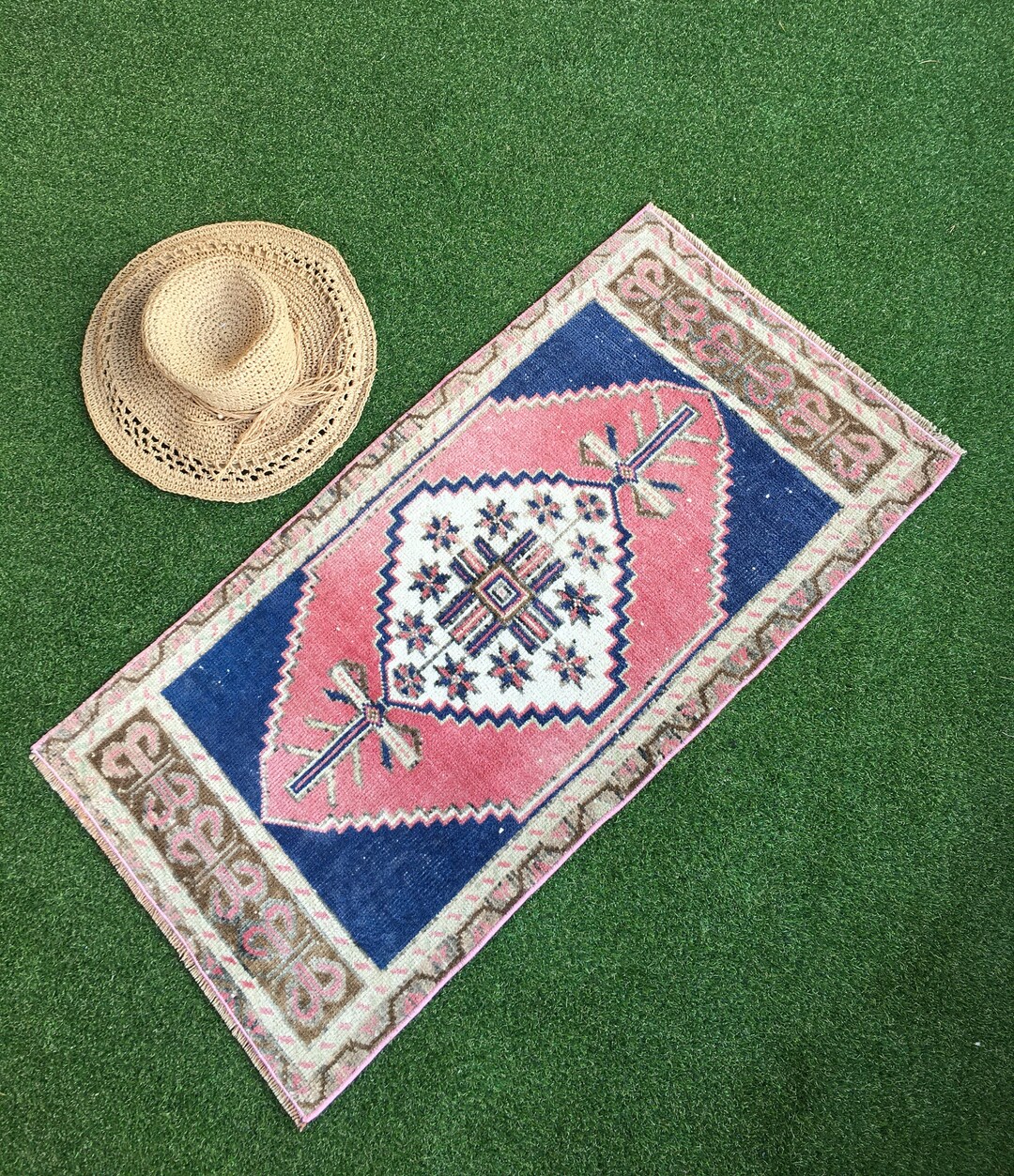 Small Rug, Turkish Bathroom Rug, 1.7x3.3 Ft. Khavu AD1098, Blue, Beige