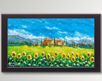 Tuscany Landscape Sunflowers Italy, palette knife oil painting on canvas, gift, modern impressionist art, wedding, 50 x 100 cm, 19" x 39"
