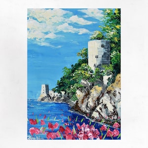 Torre Trasita Positano, Amalfi coast, painting on canvas, oil painting, gift, oil on canvas, palette knife, 70 x 50 cm, 27&quot; x 19&quot;